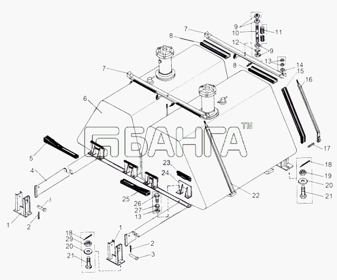 МАЗ МАЗ-543 (7310) Схема Установка топливных баков 543А-61 banga.ua
