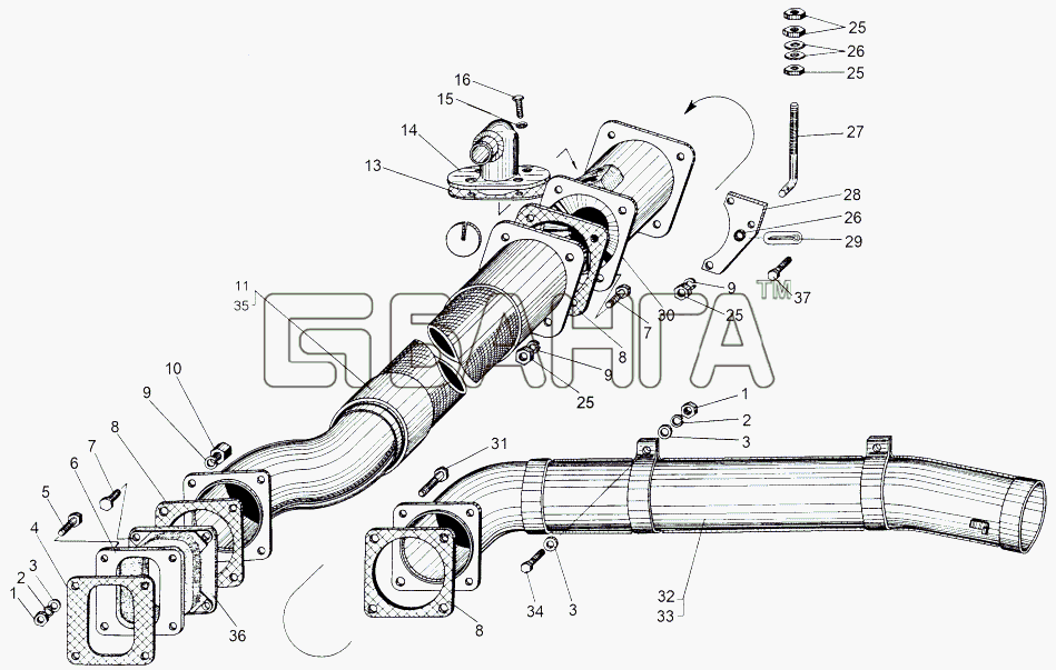 МАЗ МАЗ-543 (7310) Схема Установка выхлопных труб 543-1200005-Б2-75