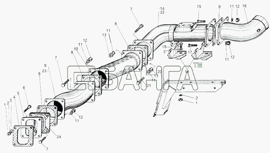 МАЗ МАЗ-543 (7310) Схема Установка выхлопных труб 543 М-76 banga.ua