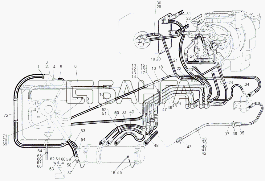 МАЗ МАЗ-543 (7310) Схема Трубопроводы гидравлической системы ГМТ