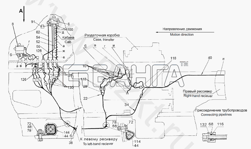 МАЗ МАЗ-543 (7310) Схема Установка крана и трубопроводов управления