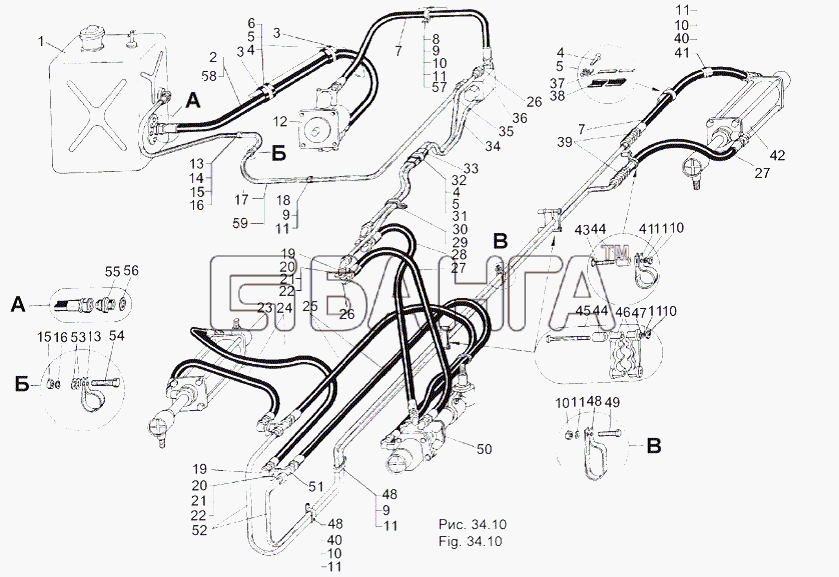 МАЗ МАЗ-543 (7310) Схема Установка шлангов и трубопроводов усилителя