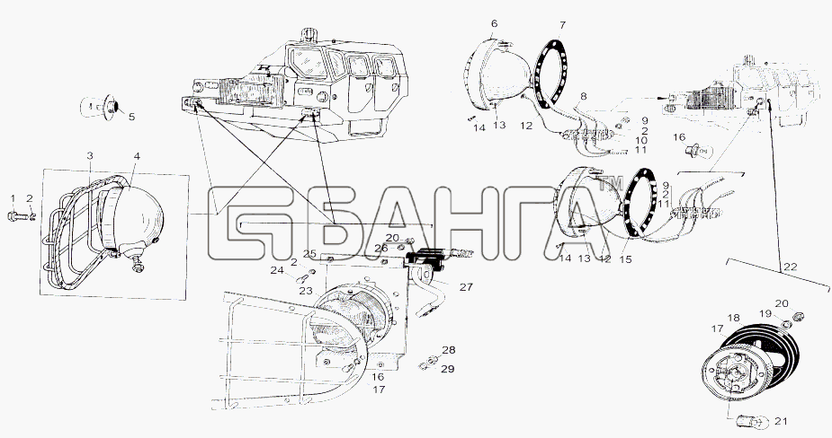 МАЗ МАЗ-543 (7310) Схема Установка фар и фонарей-261 banga.ua