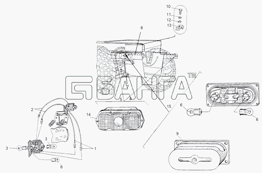 МАЗ МАЗ-543 (7310) Схема Установка задних фонарей-264 banga.ua