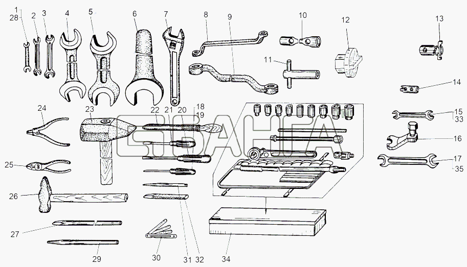 МАЗ МАЗ-543 (7310) Схема Инструмент из комплекта ЗИП 543-3902007-ЗИ