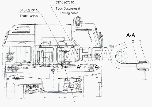 МАЗ МАЗ-543 (7310) Схема Установка буксирного троса 543М-3900041-303