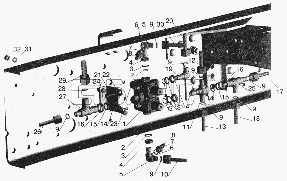 МАЗ МАЗ-5432 Схема Крепление четырехконтурного клапана banga.ua