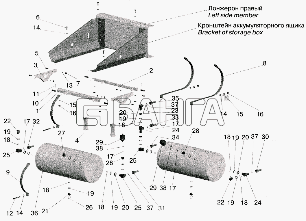 МАЗ МАЗ-5432 Схема Установка ресивера и присоединительной banga.ua