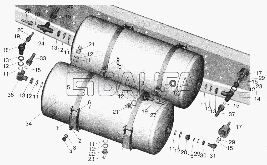 МАЗ МАЗ-5432 Схема Установка ресиверов и присоединительной banga.ua