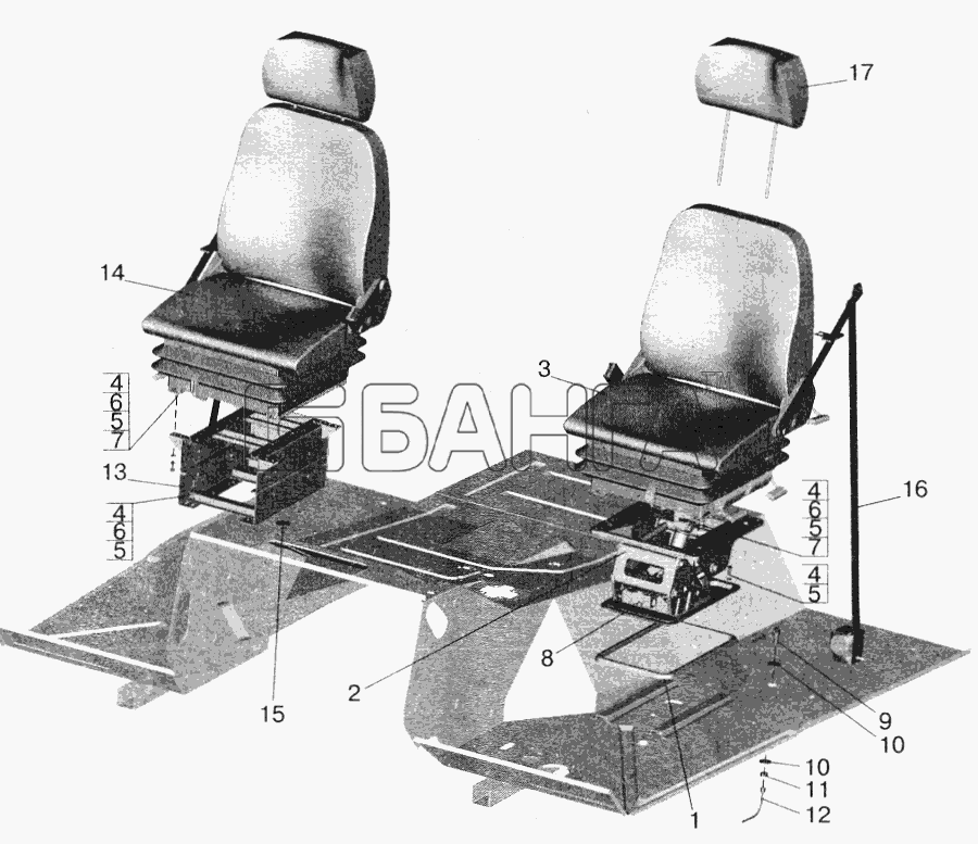 МАЗ МАЗ-5432 Схема Установка и пневмопитание сидений banga.ua