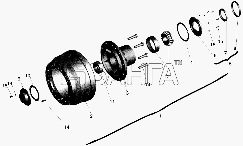 МАЗ МАЗ-543202 Схема Ступица переднего колеса-163 banga.ua