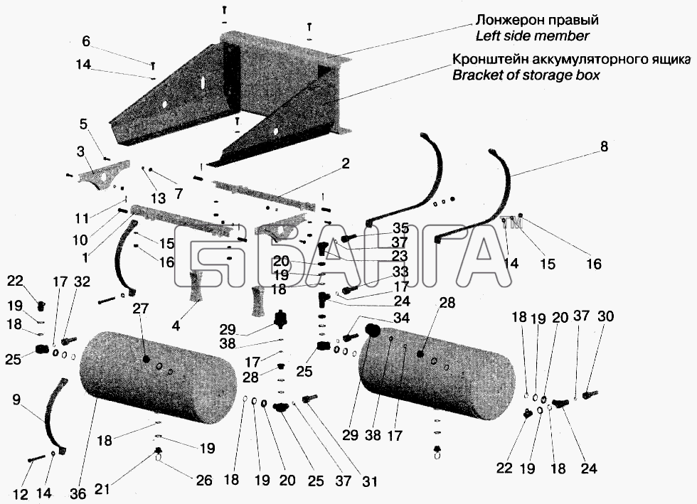 МАЗ МАЗ-543202 Схема Установка ресивера и присоединительной banga.ua