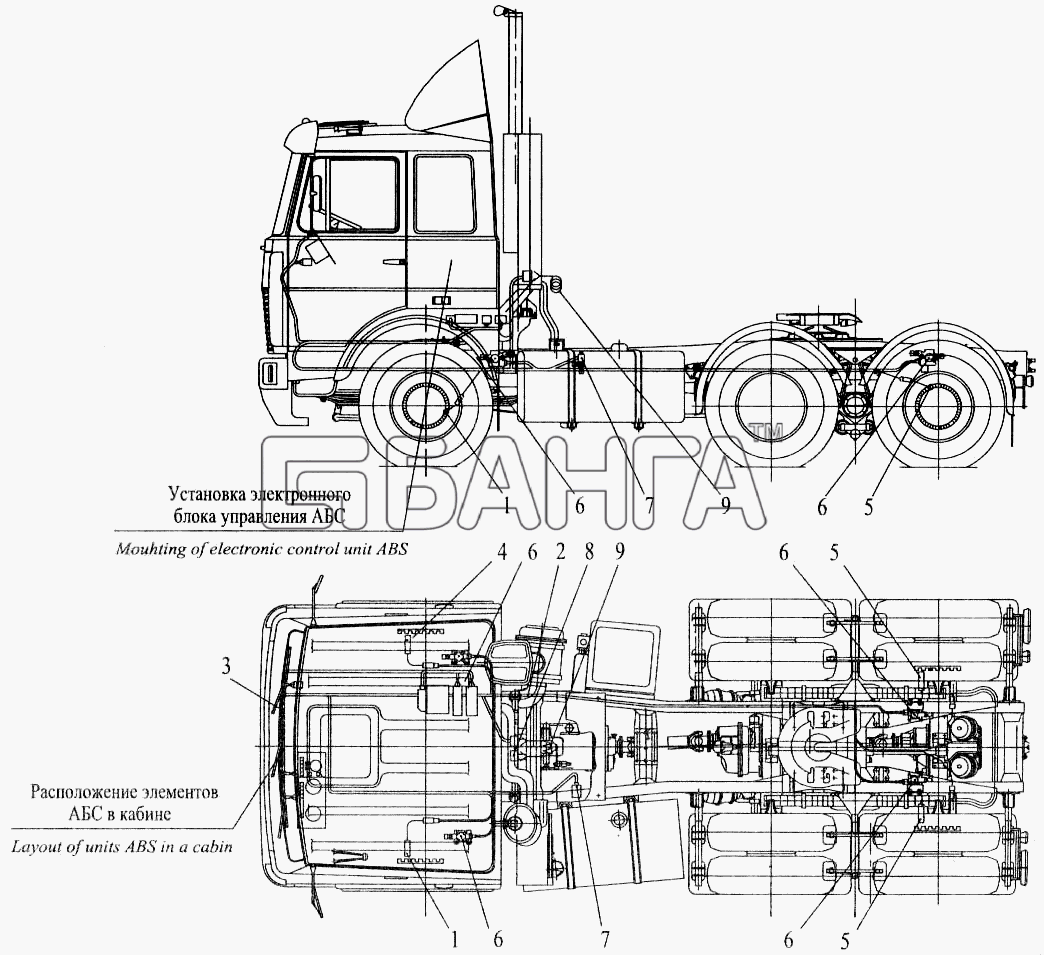 МАЗ МАЗ-543202 Схема Установка элементов электрооборудования АБС