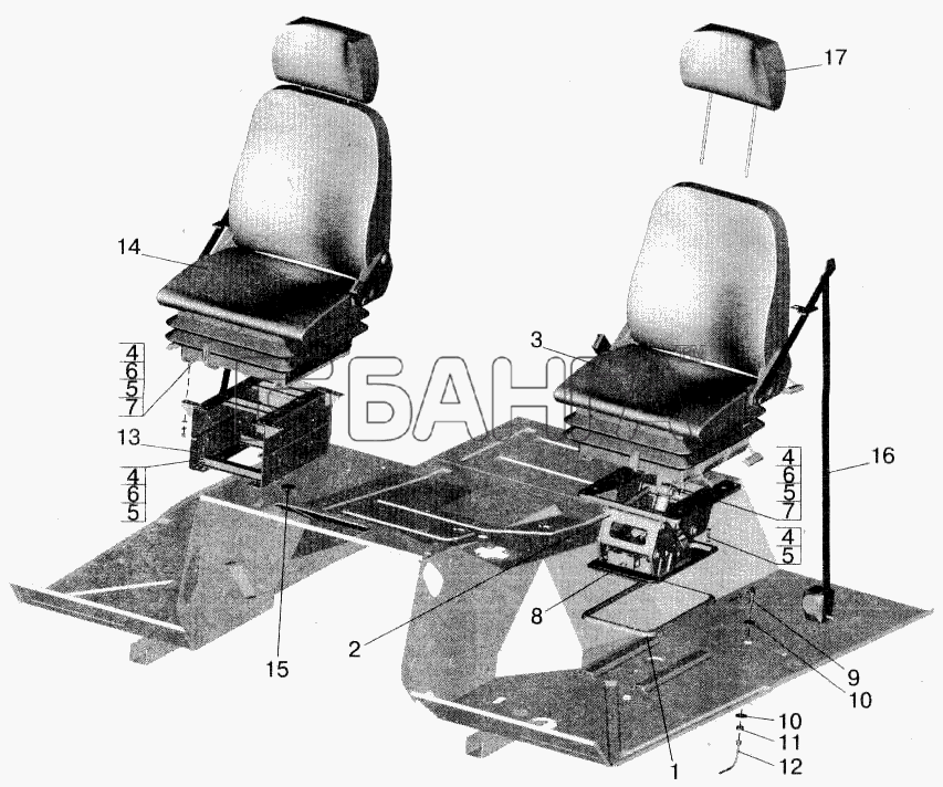 МАЗ МАЗ-543202 Схема Установка и пневмопитание сидений banga.ua