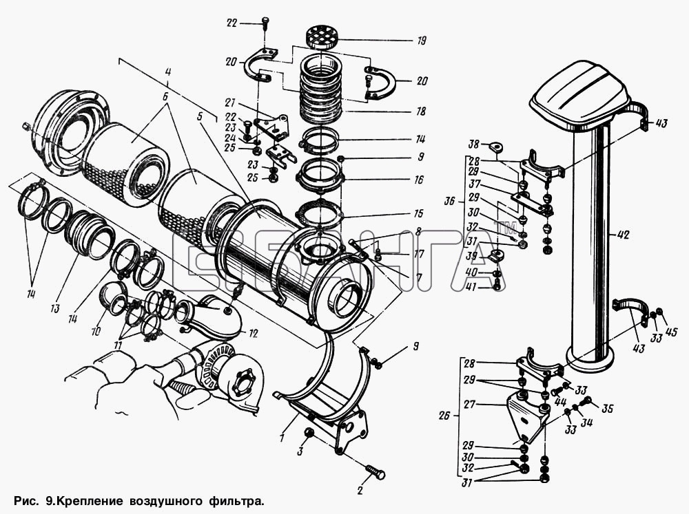 МАЗ МАЗ-64221 Схема Крепление воздушного фильтра-42 banga.ua