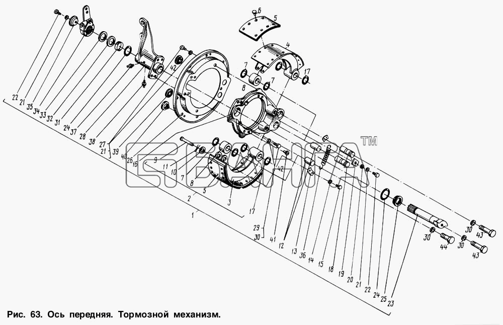 МАЗ МАЗ-54321 Схема Ось передняя. Тормозной механизм-127 banga.ua