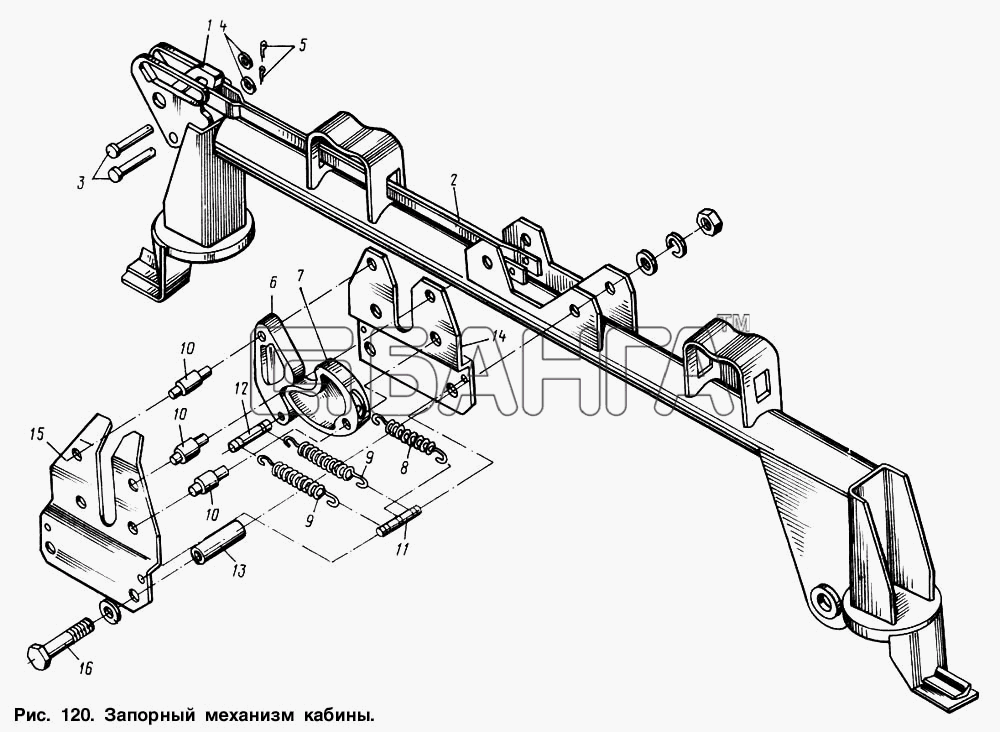 МАЗ МАЗ-64221 Схема Запорный механизм кабины-7 banga.ua