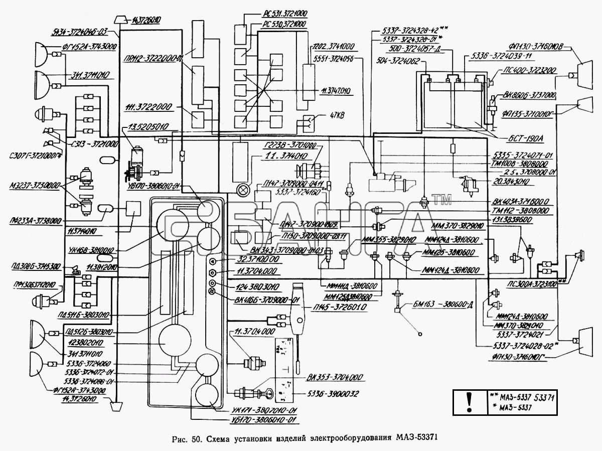 МАЗ МАЗ-5433 Схема Схема установки изделий электрооборудования