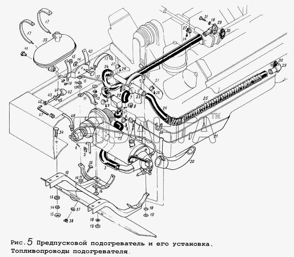 МАЗ МАЗ-64255 Схема Предпусковой подогреватель и его установка.