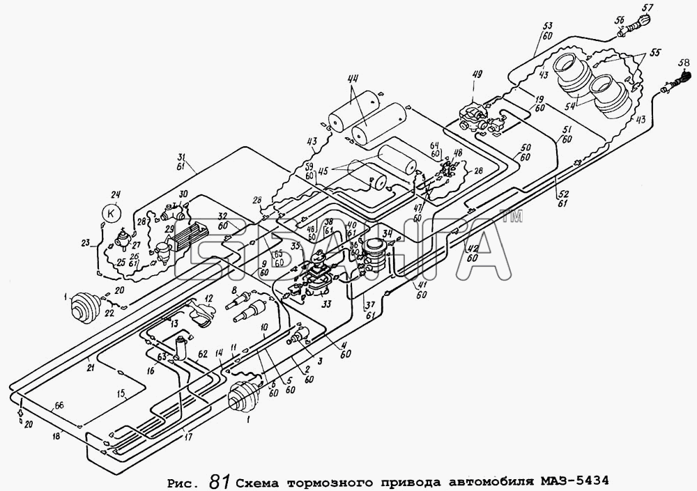 МАЗ МАЗ-5434 Схема Схема тормозного привода автомобиля banga.ua