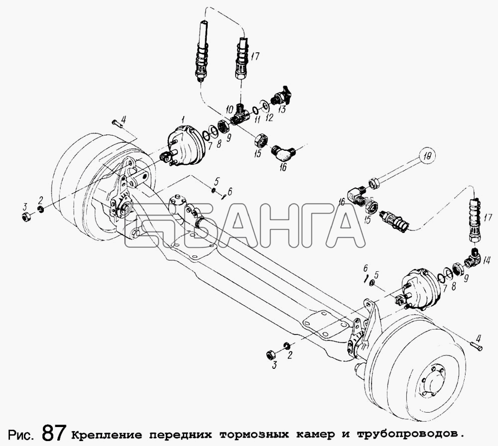 МАЗ МАЗ-64255 Схема Крепление передних тормозных камер и banga.ua