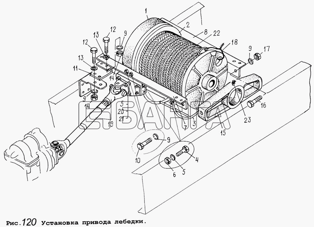 МАЗ МАЗ-64255 Схема Установка привода лебедки-173 banga.ua