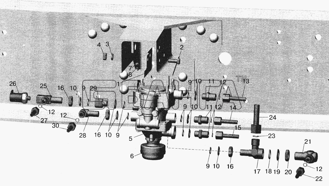 МАЗ МАЗ-5516 (2003) Схема Установка клапана прицепа и banga.ua