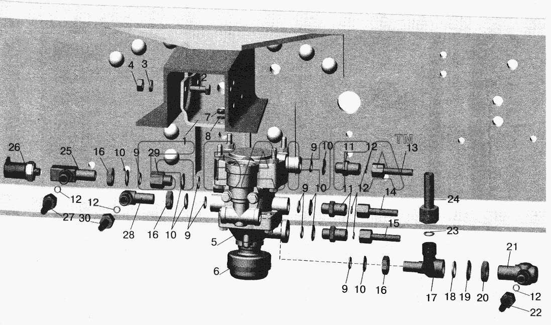 МАЗ МАЗ-5516 (2003) Схема Установка клапана прицепа и banga.ua