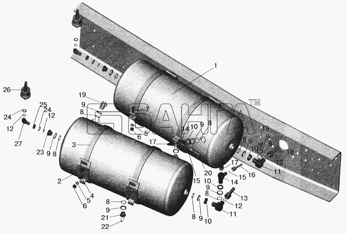 МАЗ МАЗ-5516 (2003) Схема Установка ресиверов и присоединительной