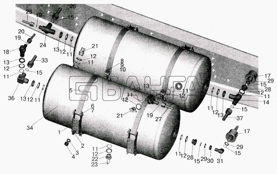 МАЗ МАЗ-5516 (2003) Схема Установка ресиверов и присоединительной