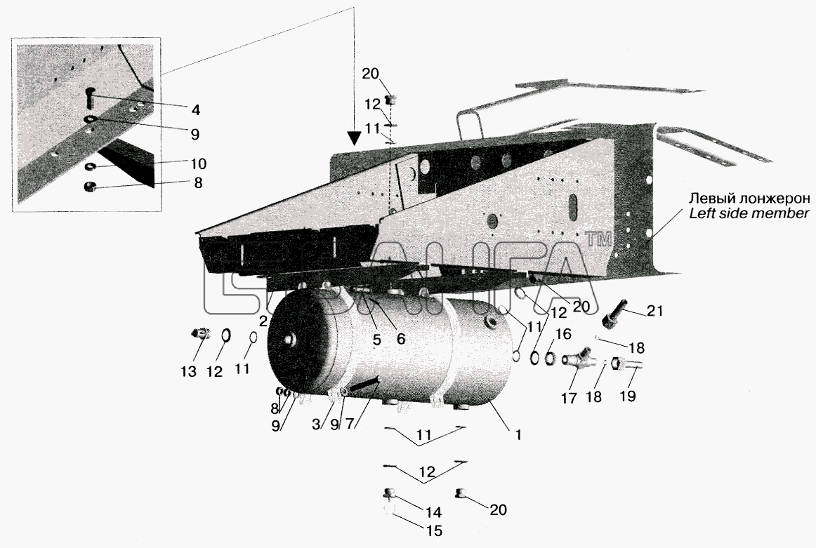 МАЗ МАЗ-5516 (2003) Схема Установка ресивера и присоединительной