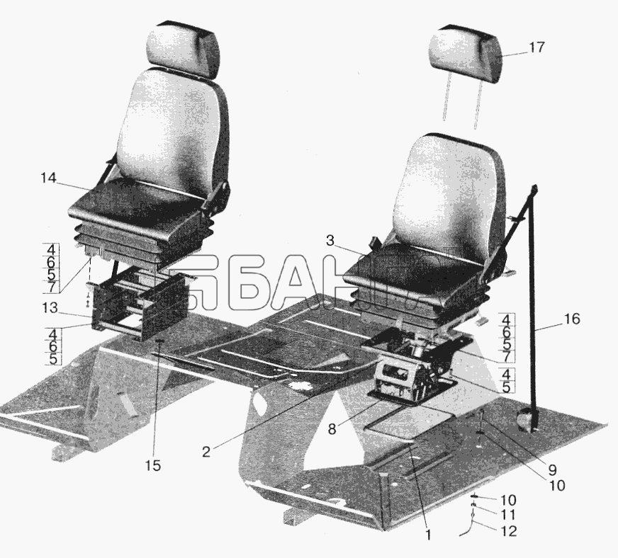 МАЗ МАЗ-5516 (2003) Схема Установка и пневмопитание сидений banga.ua