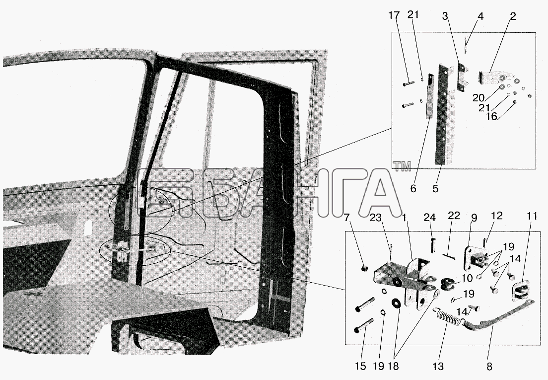 МАЗ МАЗ-5516 (2003) Схема Установка ограничителя и петель двери-256