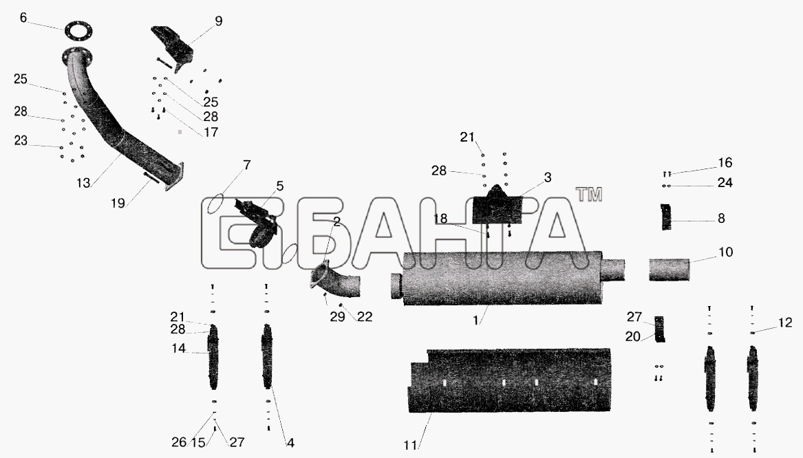 МАЗ МАЗ-5516 (2003) Схема Установка системы выпуска отработавших газов