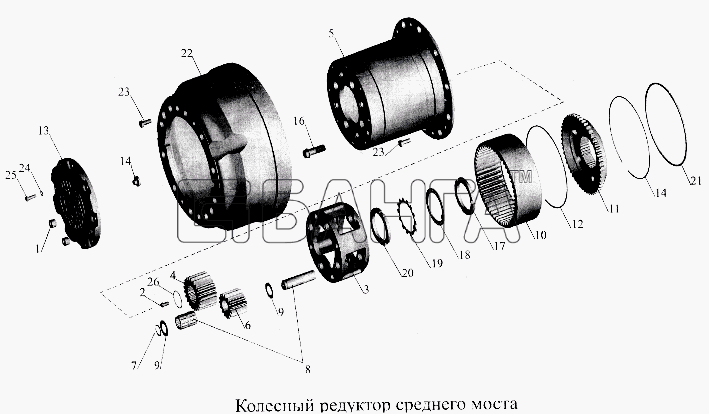 МАЗ МАЗ-5516А5 Схема Колесный редуктор среднего моста-154 banga.ua