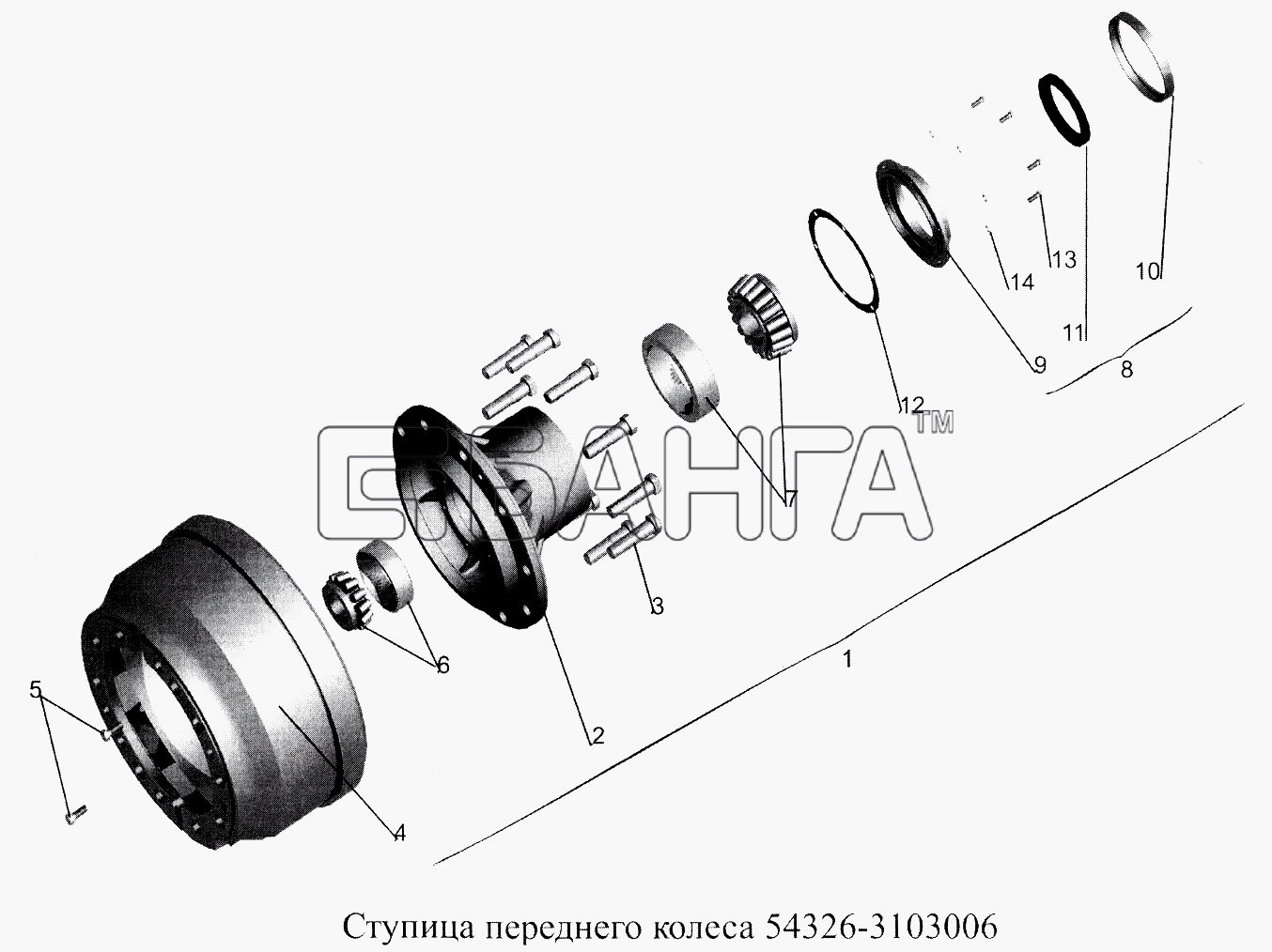 МАЗ МАЗ-5516А5 Схема Ступица переднего колеса 54326-3103006-183