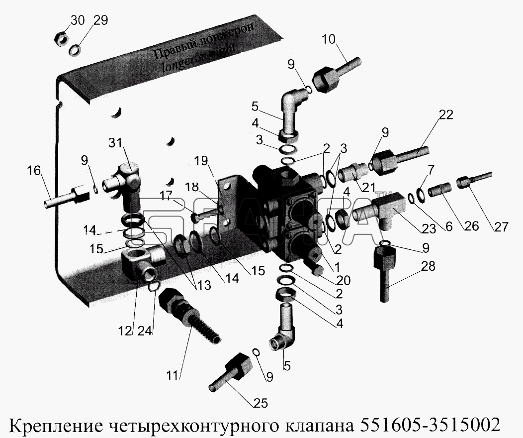МАЗ МАЗ-5516А5 Схема Крепление четырехконтурного клапана banga.ua