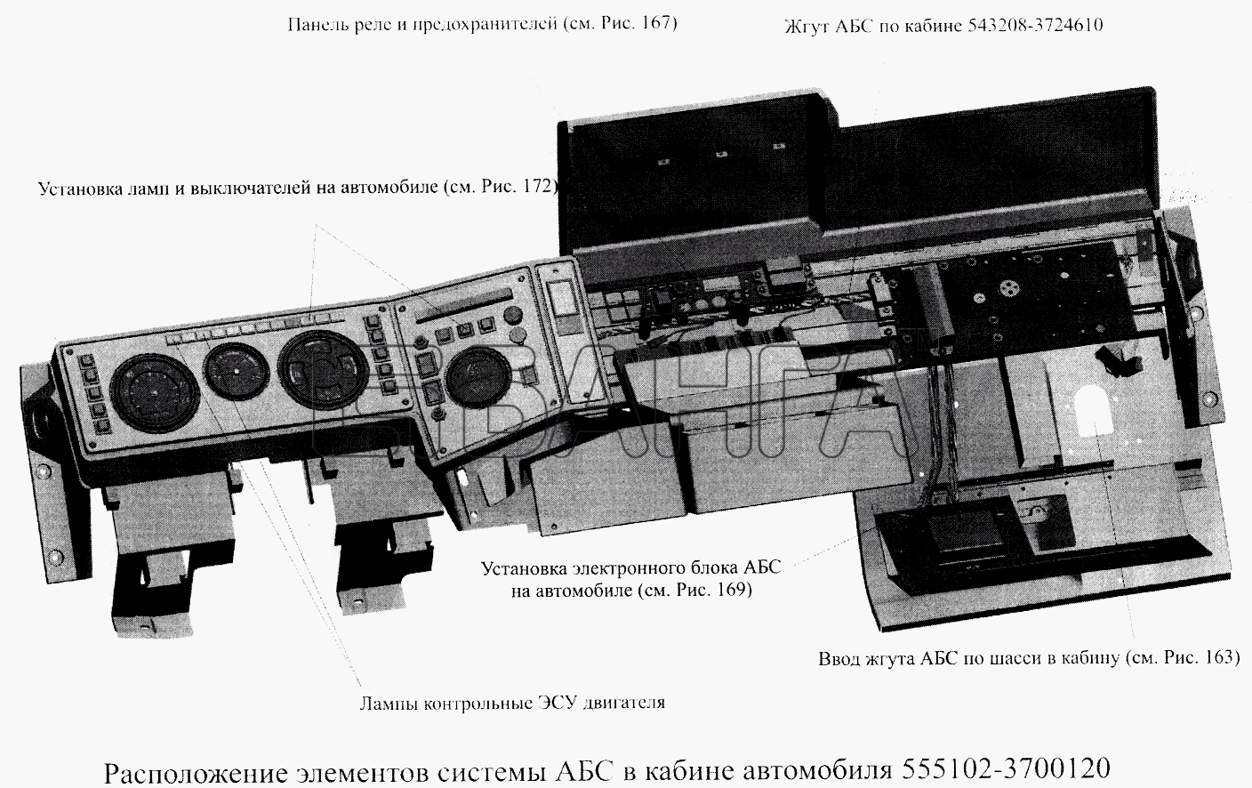 МАЗ МАЗ-5516А5 Схема Расположение элементов системы АБС в кабине