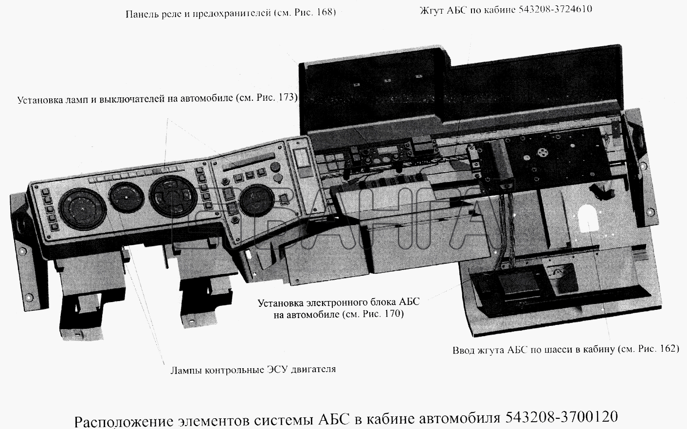 МАЗ МАЗ-5516А5 Схема Расположение элементов системы АБС в кабине