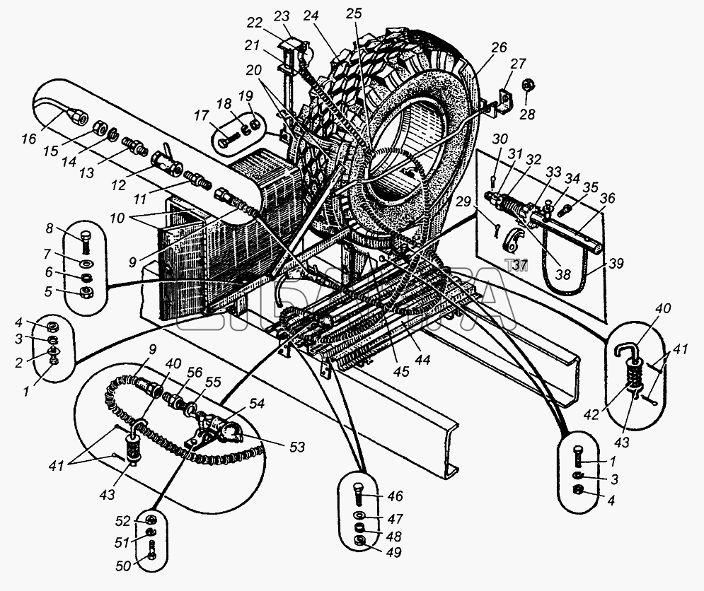 МАЗ МАЗ-5549 Схема Держатель запасного колеса и площадка шасси