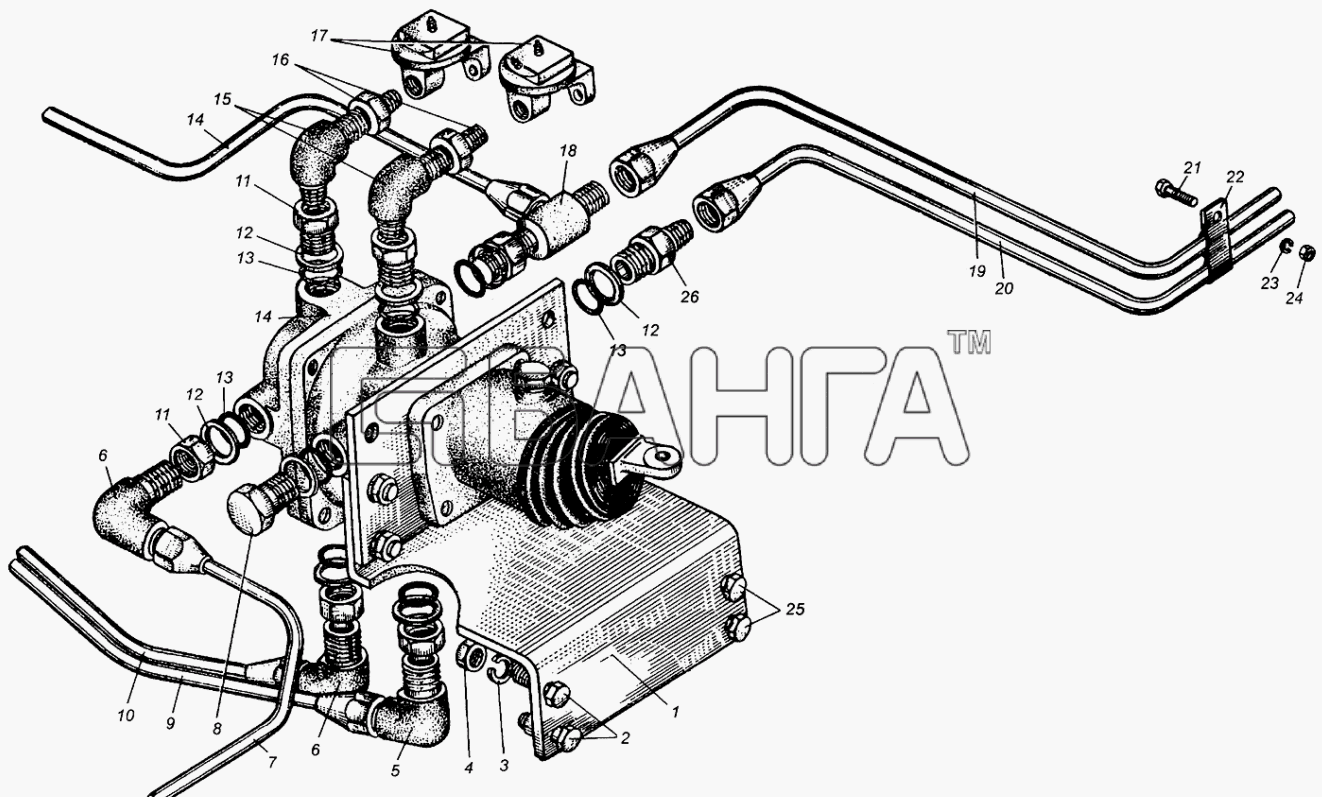 МАЗ МАЗ-5549 Схема Трубопроводы к тормозным кранам МАЗ-5549-148