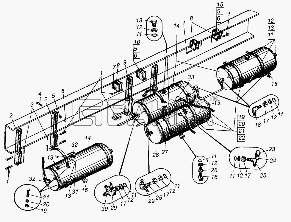 МАЗ МАЗ-5549 Схема Крепление воздушных баллонов МАЗ-509А-162 banga.ua