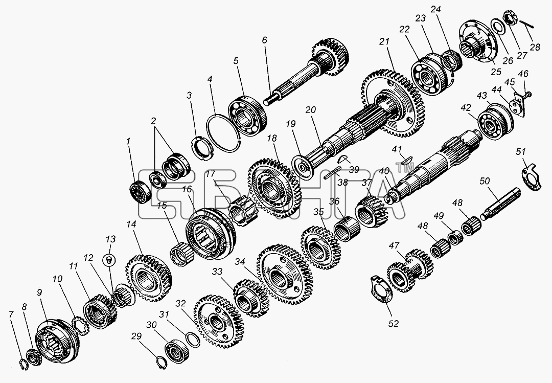 МАЗ МАЗ-5549 Схема Валы и шестерни коробки передач ЯМЗ-236П-63