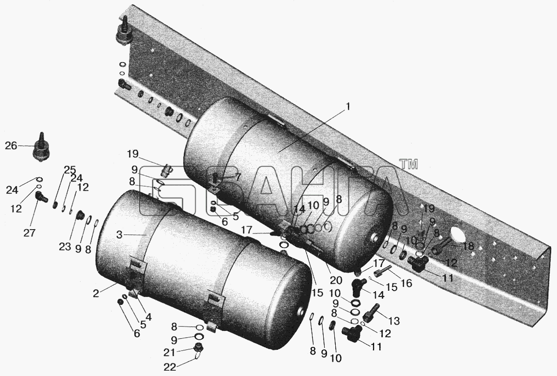 МАЗ МАЗ-5551 (2003) Схема Установка ресиверов и присоединительной