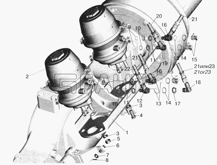 МАЗ МАЗ-5551 (2003) Схема Установка тормозных камер и banga.ua