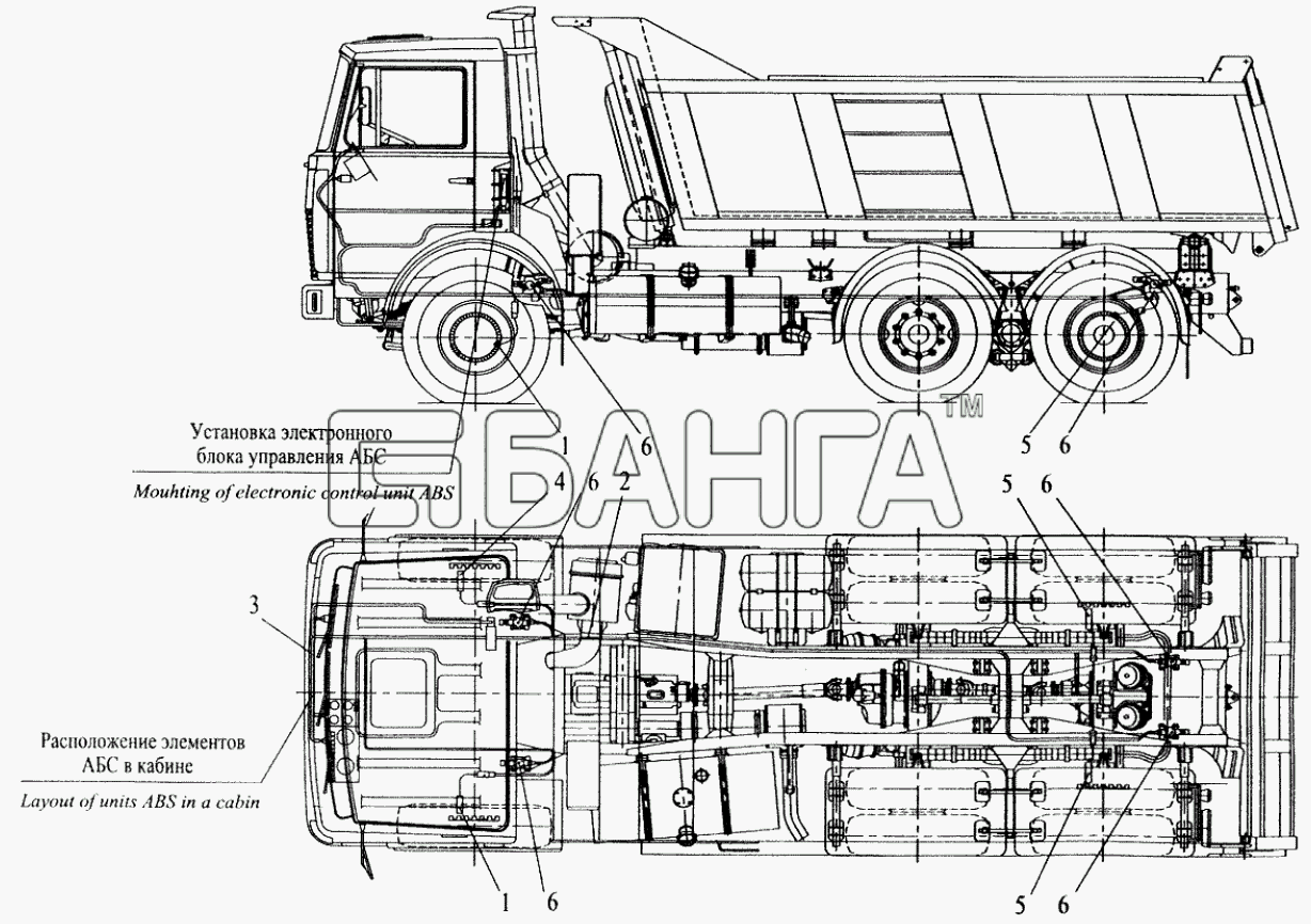 МАЗ МАЗ-5551 (2003) Схема Установка элементов электрооборудования АБС