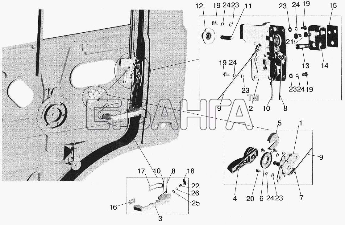 МАЗ МАЗ-5551 (2003) Схема Установка наружной ручки и замка двери-257