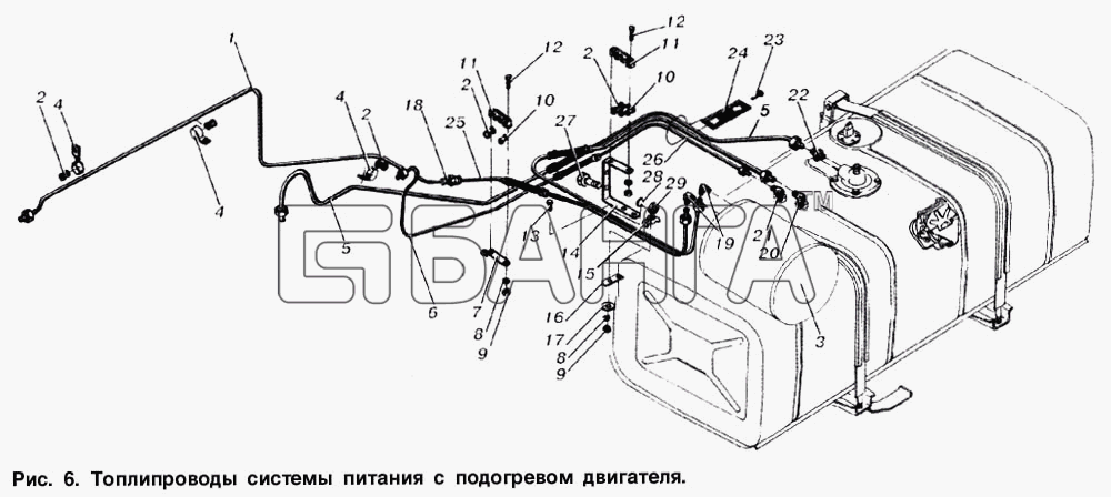 МАЗ МАЗ-6303 Схема Топливопроводы системы питания с подогревом