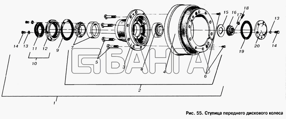 МАЗ МАЗ-53366 Схема Ступица переднего дискового колеса-107 banga.ua
