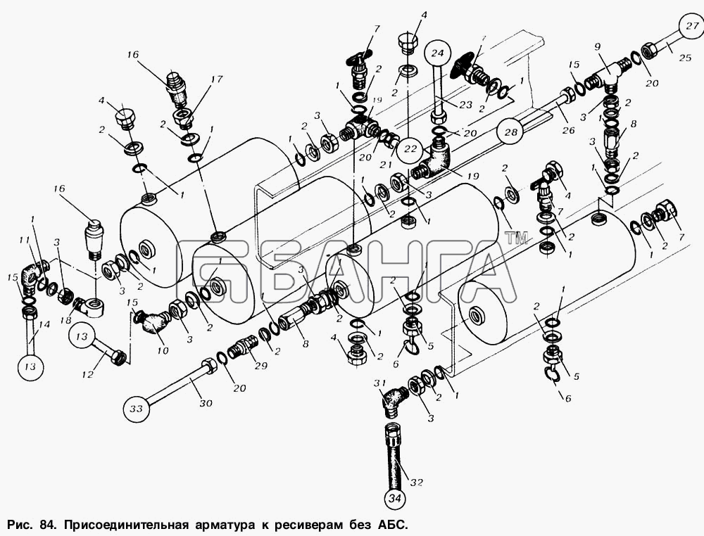 МАЗ МАЗ-53363 Схема Присоединительная арматура к ресиверам без